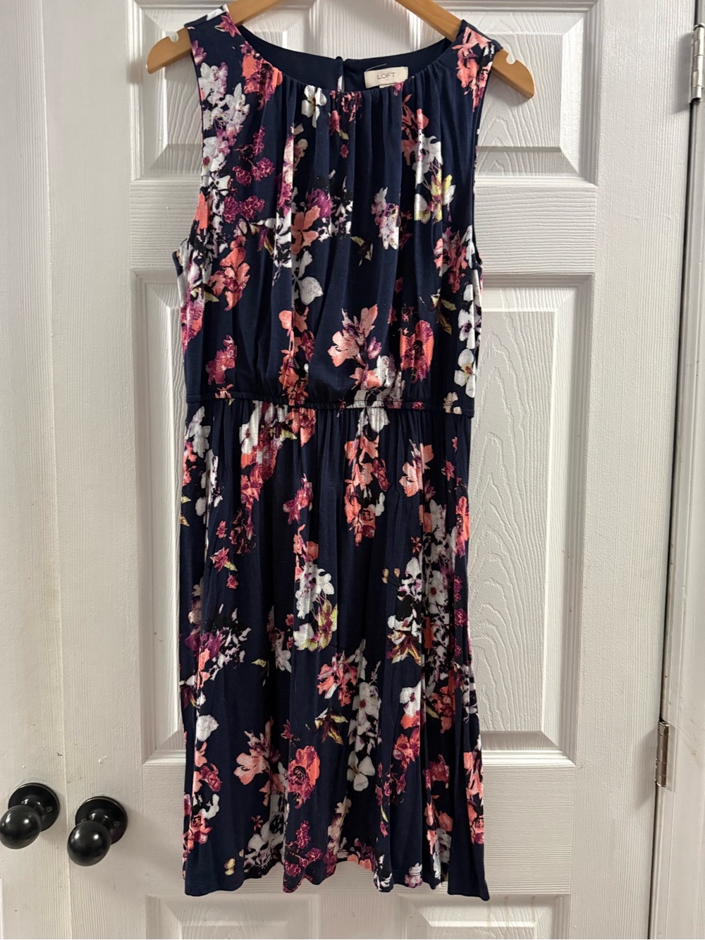 Loft Navy Blue Sleeveless Floral Dress Size Large